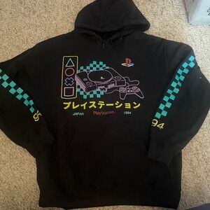 PlayStation Console 1994 Japan Hooded Mens Sweatshirt Black Retro Neon Medium